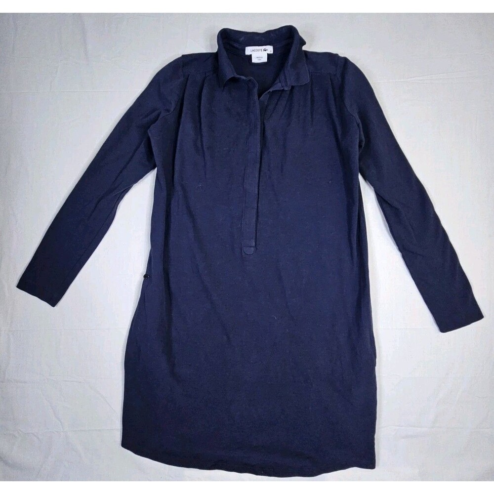 Lacoste Shirt Dress Women's Size 34 XS Blue Pique Long Sleeve Polo Pockets